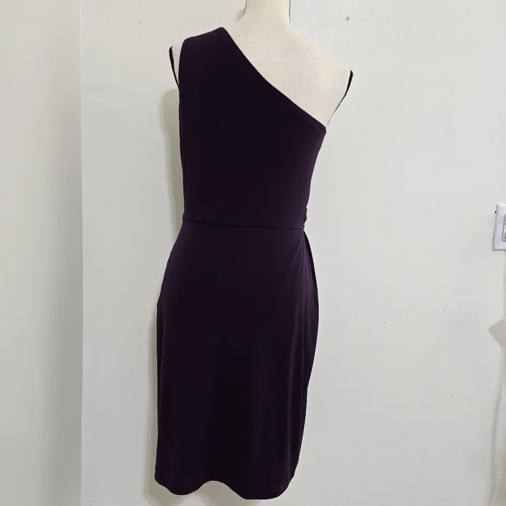 CALVIN KLEIN size 6 Stretch‎ Zip Ruched One Shoulder Embellished Dress Purple